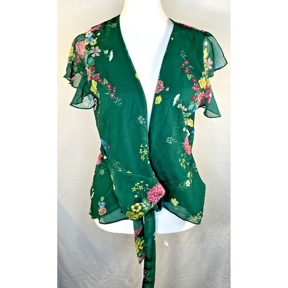 NWT New York & Company Womens XS Sweet Pea Faux Wrap Floral  Blouse green
